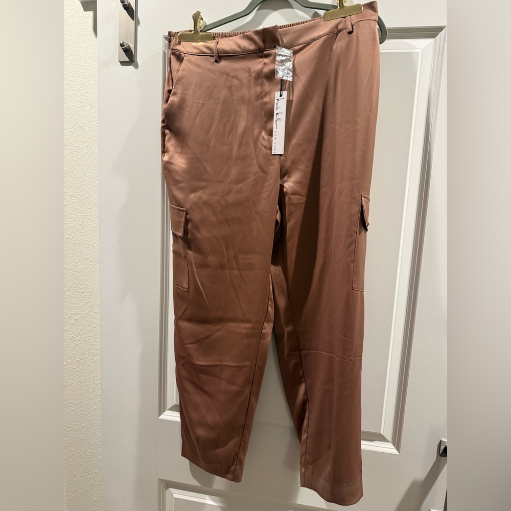 Nicole Miller Brown Satin Ankle Cargo Pants